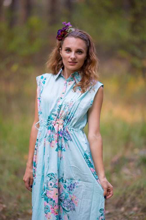 Light Blue Cool Summer Style Caftan in Blooming Flowers Pattern