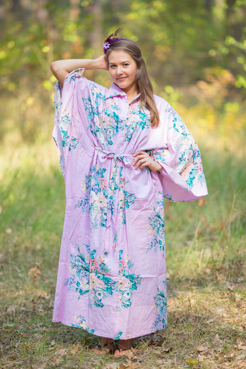 Lilac Oriental Delight Style Caftan in Blooming Flowers Pattern