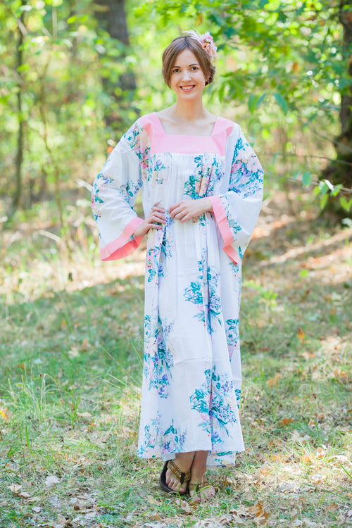 White Fire Maiden Style Caftan in Blooming Flowers Pattern