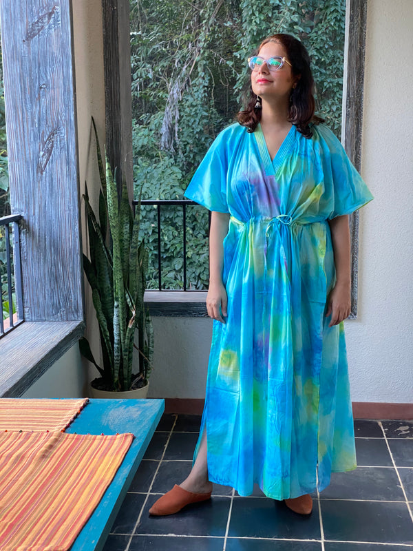 Watercolor Splash V-Neck, Cinched Waist Ankle Length Kaftan