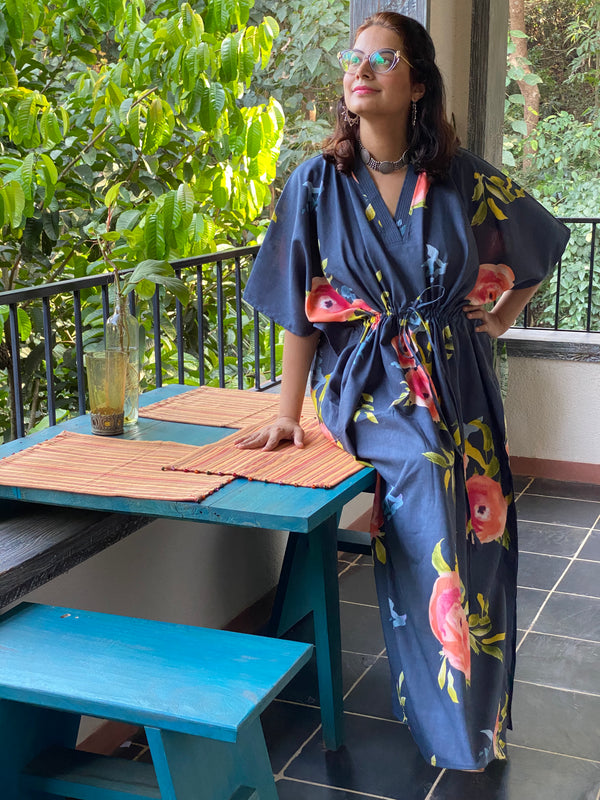 Smiling Blooms V-Neck, Cinched Waist Ankle Length Kaftan