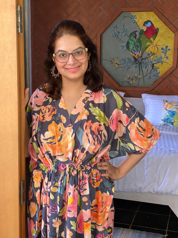 Her Petal Garden V-Neck, Cinched Waist Ankle Length Caftan