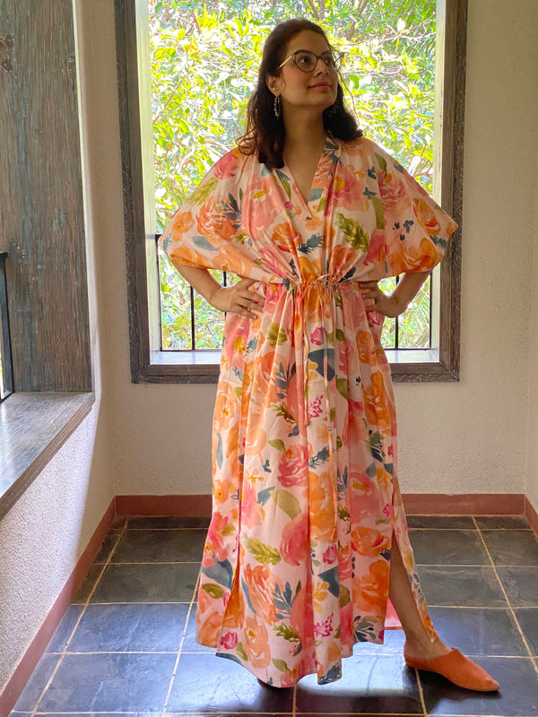 Her Petal Garden V-Neck, Cinched Waist Ankle Length Kaftan