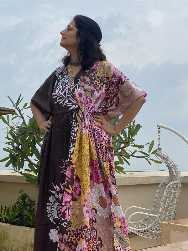 Vibrant Foliage V-Neck, Cinched Waist Ankle Length Kaftan