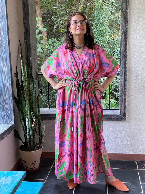 Ikat Aztec V-Neck, Cinched Waist Ankle Length Caftan