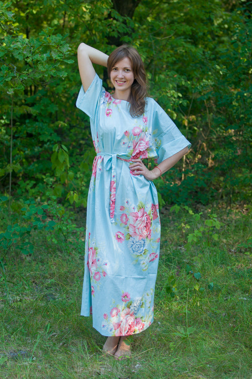 Light Blue Mademoiselle Style Caftan in Cabbage Roses Pattern