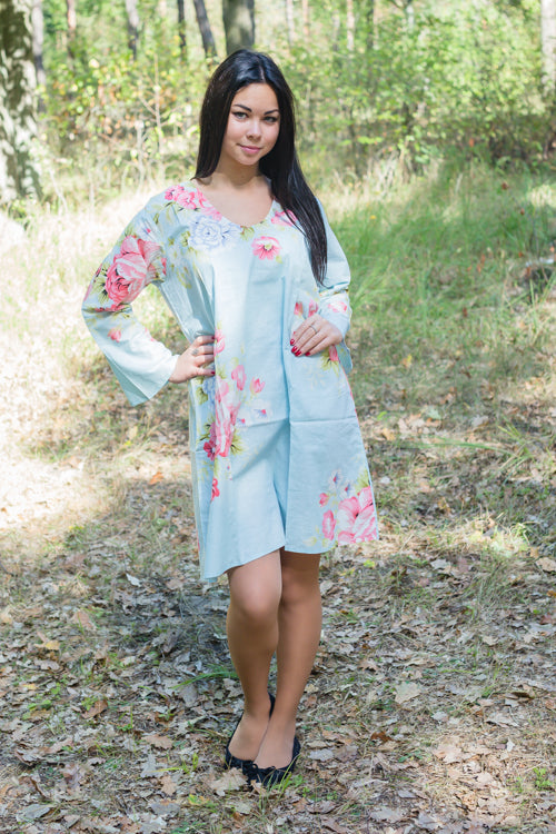 Light Blue Bella Tunic Style Caftan in Cabbage Roses Pattern