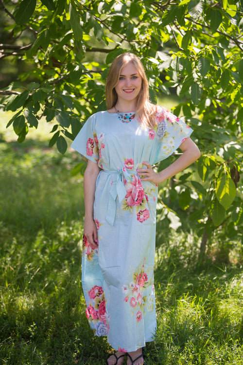 Light Blue Divinely Simple Style Caftan in Cabbage Roses Pattern