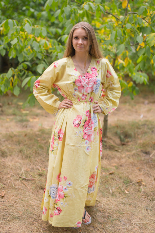 Light Yellow Shape Me Pretty Style Caftan in Cabbage Roses Pattern