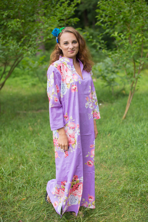 Lilac Mandarin On My Mind Style Caftan in Cabbage Roses Pattern