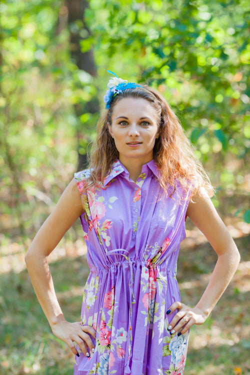 Lilac Cool Summer Style Caftan in Cabbage Roses Pattern