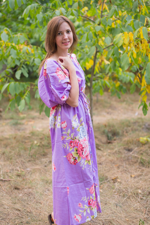 Lilac Cut Out Cute Style Caftan in Cabbage Roses Pattern