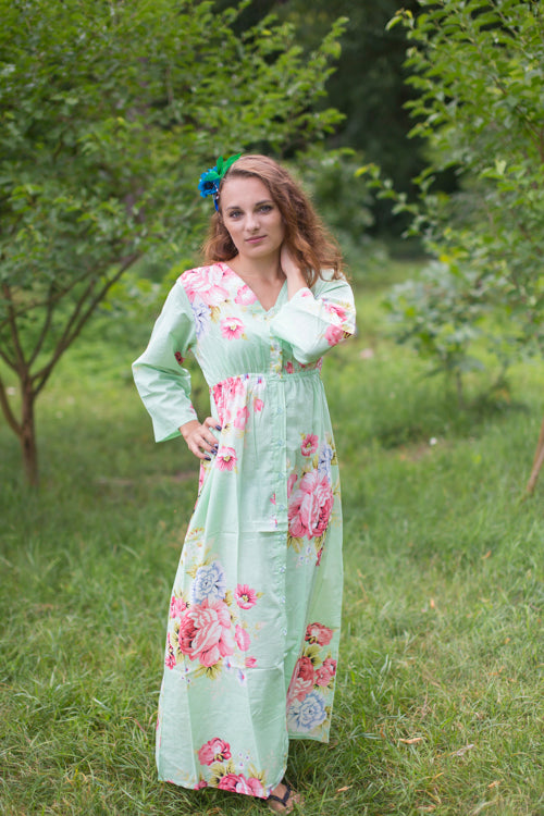 Mint Button Me Down Style Caftan in Cabbage Roses Pattern