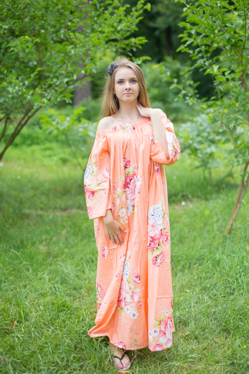 Peach Serene Strapless Style Caftan in Cabbage Roses Pattern