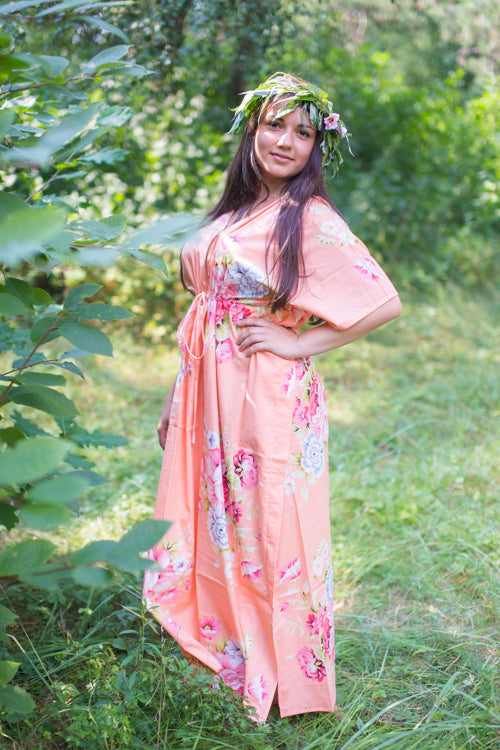 Peach Timeless Style Caftan in Cabbage Roses Pattern