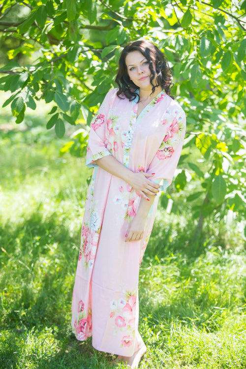 Pink Simply Elegant Style Caftan in Cabbage Roses Pattern