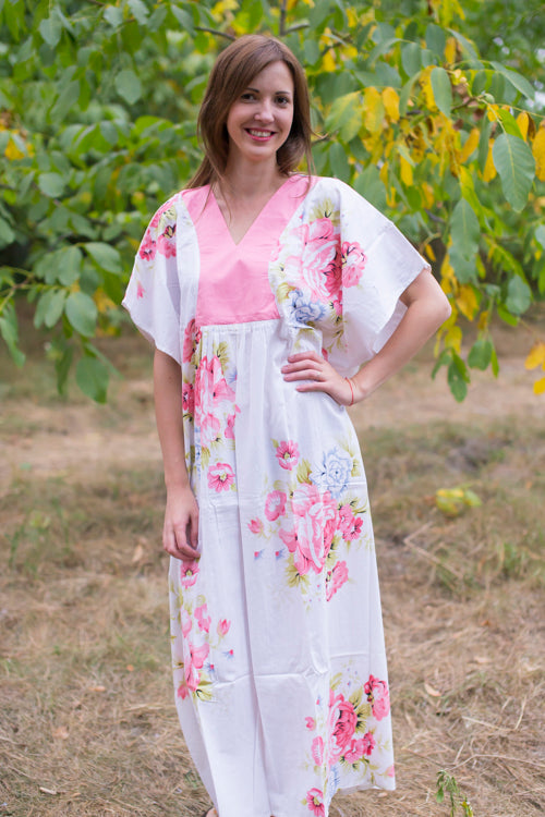 White Flowing River Style Caftan in Cabbage Roses Pattern