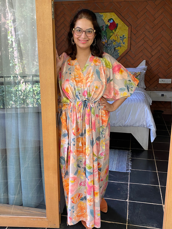 Her Petal Garden V-Neck, Cinched Waist Ankle Length Kaftan