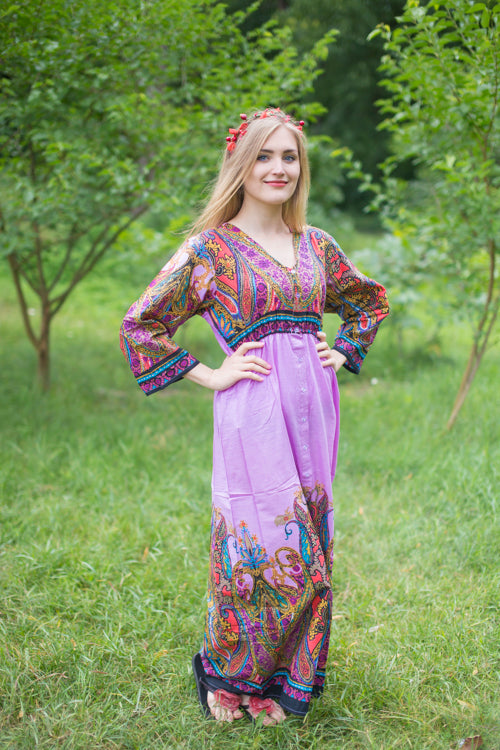 Lilac Button Me Down Style Caftan in Cheerful Paisleys Pattern