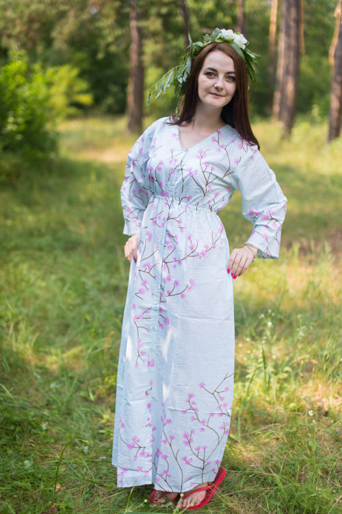 Light Blue Button Me Down Style Caftan in Cherry Blossoms Pattern