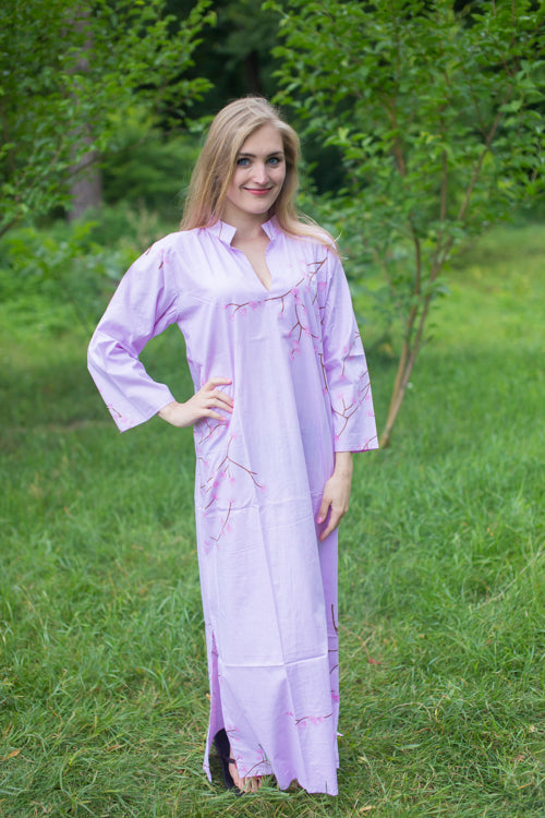 Lilac Mandarin On My Mind Style Caftan in Cherry Blossoms Pattern