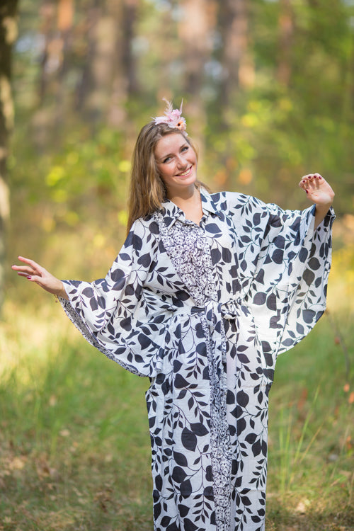 White Oriental Delight Style Caftan in Classic White Black Pattern