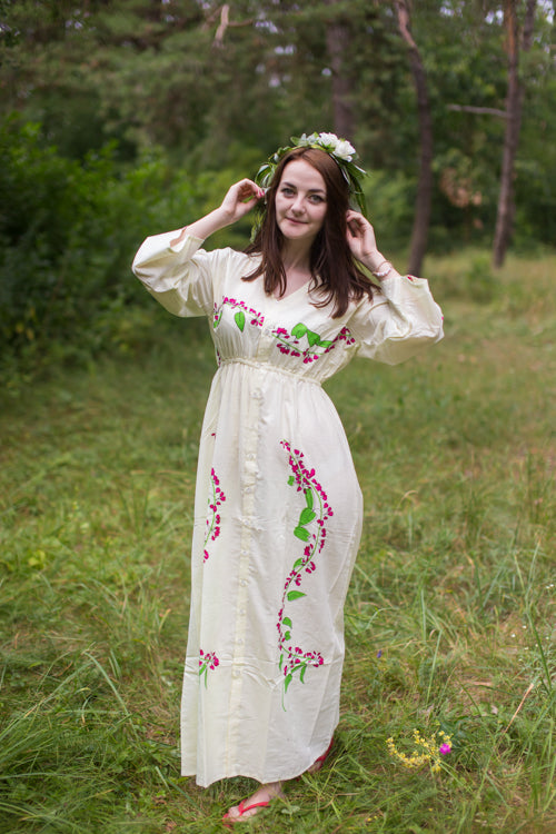 Light Yellow Button Me Down Style Caftan in Climbing Vines Pattern
