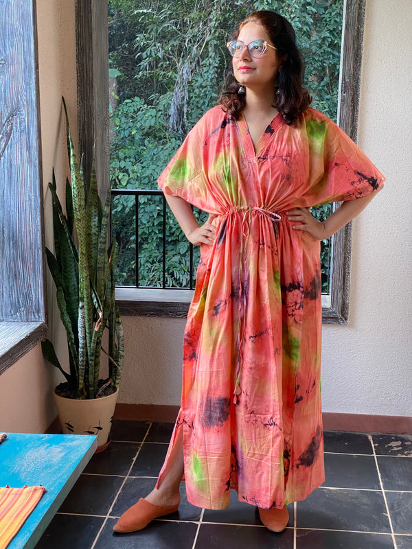 Watercolor Splash V-Neck, Cinched Waist Ankle Length Caftan