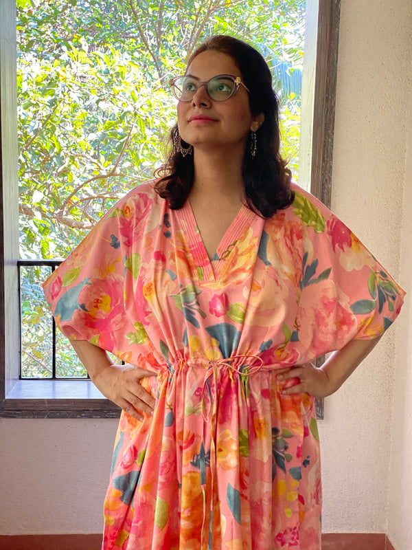 Her Petal Garden V-Neck, Cinched Waist Ankle Length Caftan