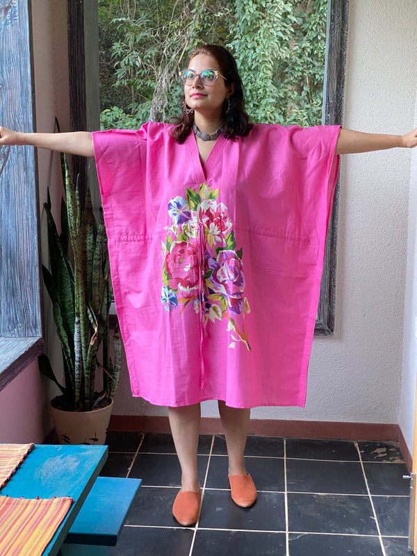 One Long Flower V-Neck, Knee Length, Cinched Waist Kaftan