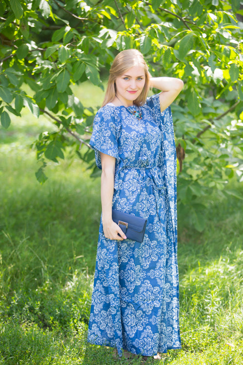Dark Blue Divinely Simple Style Caftan in Damask Pattern