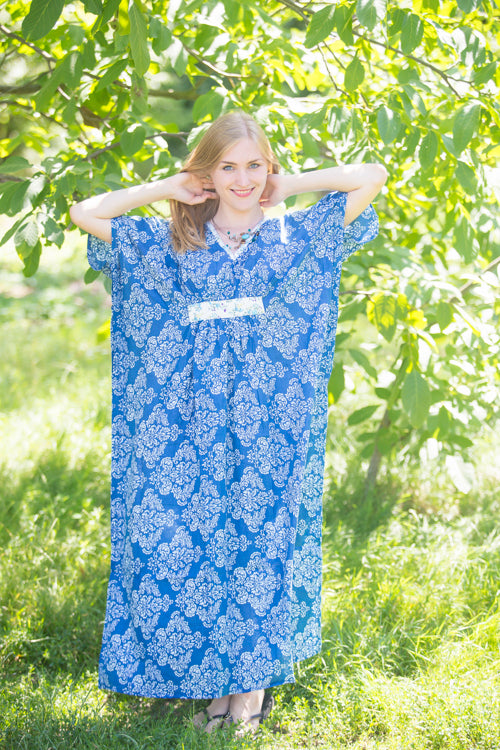 Dark Blue Unfurl Style Caftan in Damask Pattern