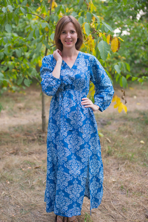 Dark Blue Shape Me Pretty Style Caftan in Damask Pattern