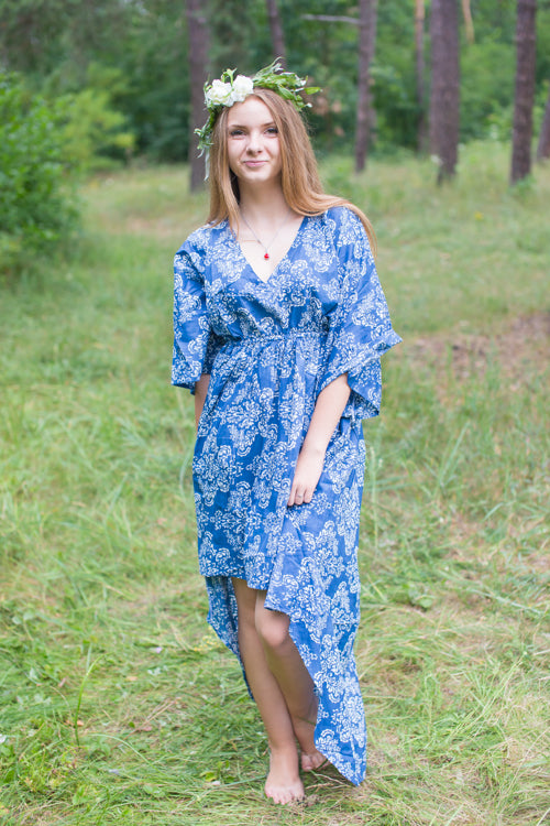 Dark Blue High Low Wind Flow Style Caftan in Damask Pattern