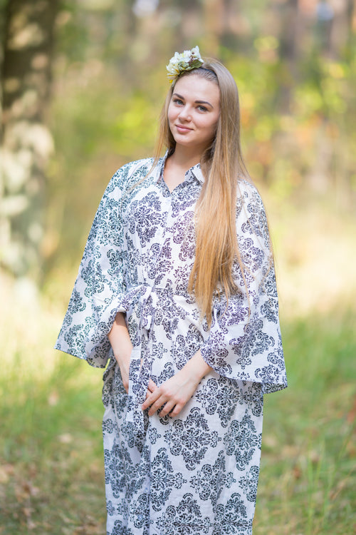 White Oriental Delight Style Caftan in Damask Pattern