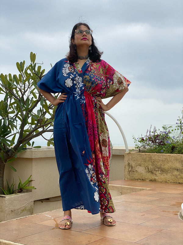 Vibrant Foliage V-Neck, Cinched Waist Ankle Length Kaftan