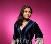 Deep Sapphire Blue Satin Robe with Ivory Lace Accented Cuffs