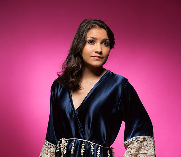 Black Satin Robe with Ivory Lace Accented Cuffs