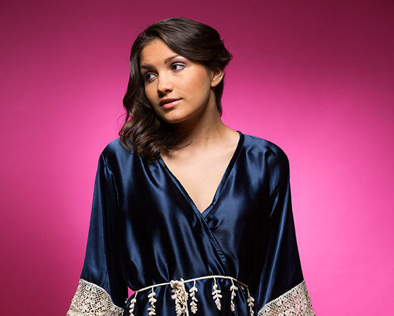 Deep Sapphire Blue Satin Robe with Ivory Lace Accented Cuffs