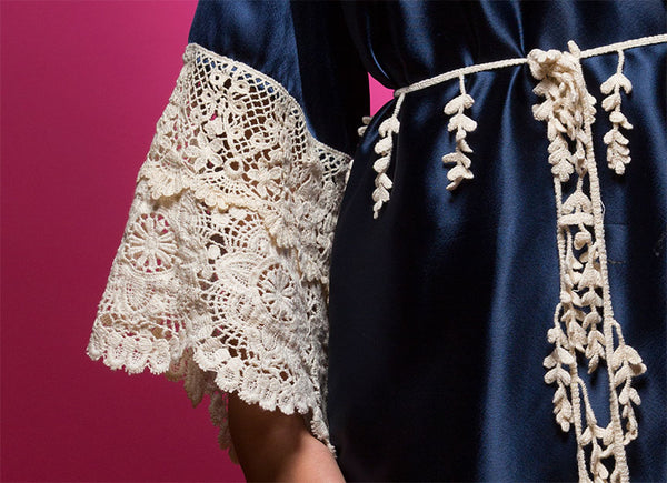 Deep Sapphire Blue Satin Robe with Ivory Lace Accented Cuffs