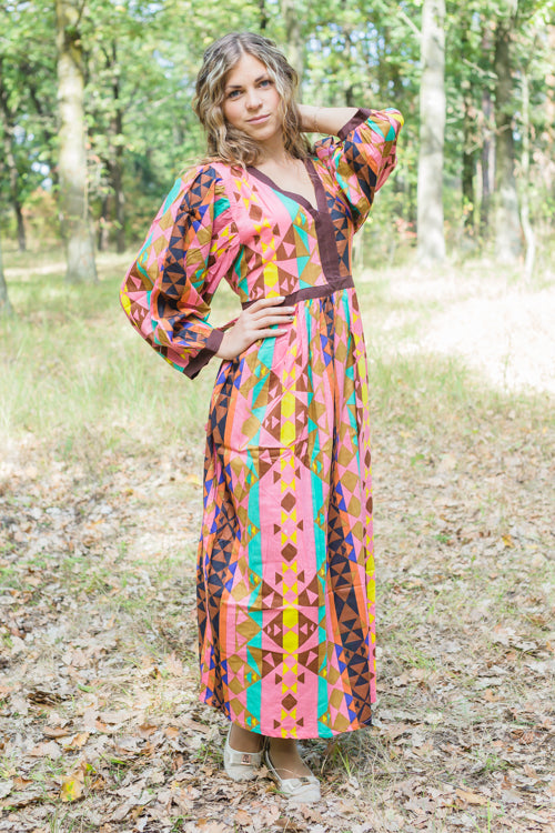 Coral My Peasant Dress Style Caftan in Diamond Aztec Pattern