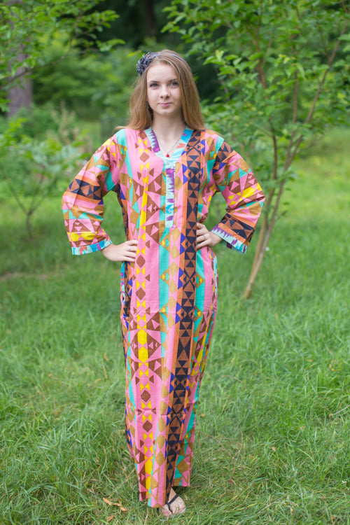 Coral Simply Elegant Style Caftan in Diamond Aztec Pattern