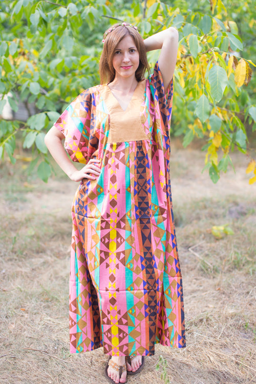 Coral Flowing River Style Caftan in Diamond Aztec Pattern