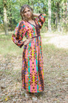 Coral My Peasant Dress Style Caftan in Diamond Aztec Pattern