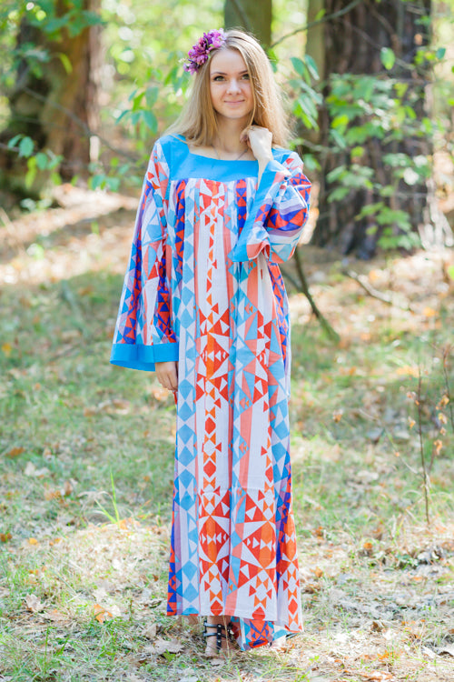 White Blue Red Fire Maiden Style Caftan in Diamond Aztec Pattern