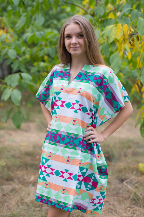 White Mint Sunshine Style Caftan in Diamond Aztec Pattern