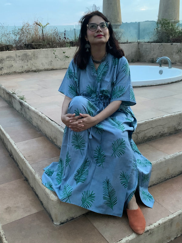 Tropical Delight V-Neck, Cinched Waist Ankle Length Caftan