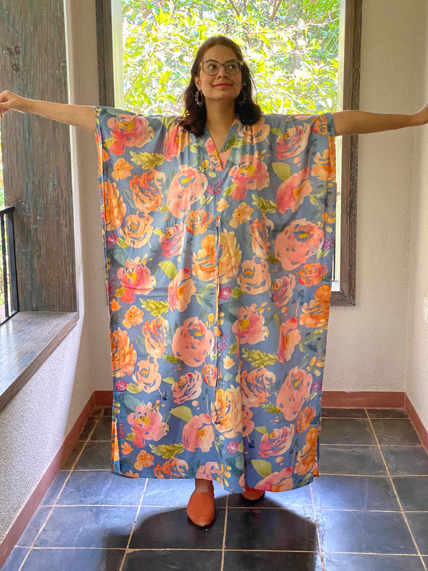 Her Petal Garden V-Neck, Cinched Waist Ankle Length Caftan