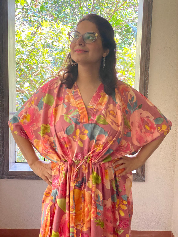 Her Petal Garden V-Neck, Cinched Waist Ankle Length Kaftan