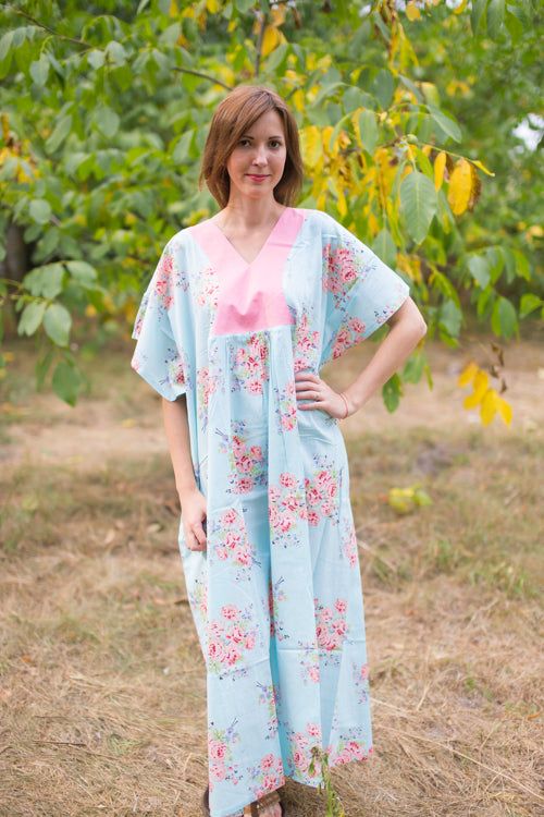 Light Blue Flowing River Style Caftan in Faded Flowers Pattern